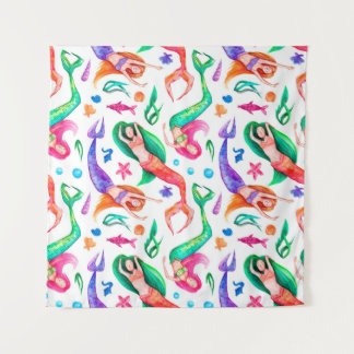 Mermaids Water color：シームレスな海洋パターン タペストリー