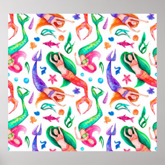 Mermaids Water color：シームレスな海洋パターン ポスター