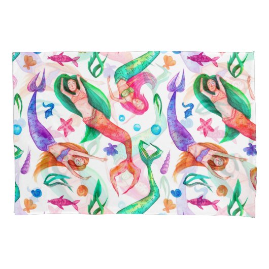 Mermaids Water color:シームレスな海洋パターン 枕カバー (正面)