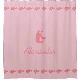 Merman and Fish Pink Maritime Symbols with Name シャワーカーテン