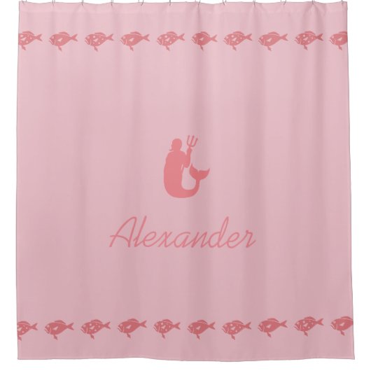 Merman and Fish Pink Maritime Symbols with Name シャワーカーテン (正面)