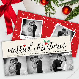 Merried Christmas Holly Mistletoe 3フォト結婚ズ シーズンカード