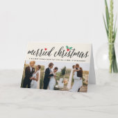 Merried Christmas Holly Mistletoe 3 Photo Wedding シーズンカード (正面)