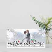 Merried Christmas Holly Mistletoe Photo 結婚's シーズンカード (スタンド正面)