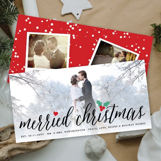 Merried Christmas Holly Mistletoe Photo 結婚's シーズンカード
