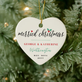 Merried Christmas Holly Mistletoe Photo 結婚's セラミックオーナメント