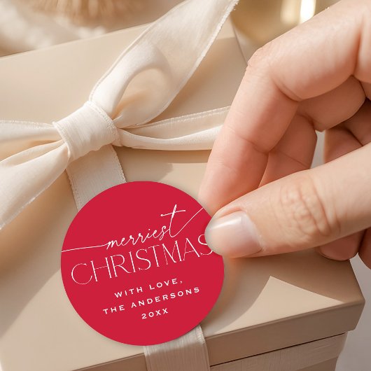 Merriest Christmas Elegant Typography Red Holiday ラウンドシール
