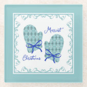 Merriest Christmas Mittens Blue Bow Holiday ガラスコースター (正面)