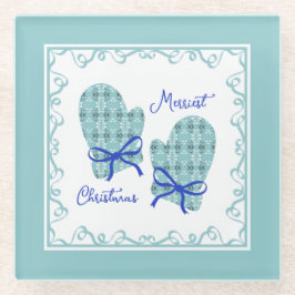 Merriest Christmas Mittens Blue Bow Holiday ガラスコースター