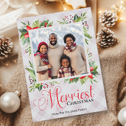 Merriest Christmas Plaid Script Family Photo シーズンカード
