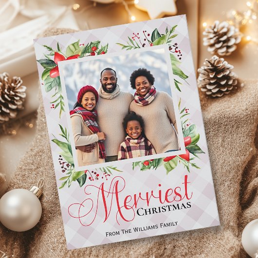 Merriest Christmas Plaid Script Family Photo シーズンカード