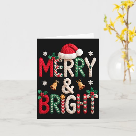 Merry &amp; Bright Christmas Santa Hat Crochet Kni カード (黄色い花)