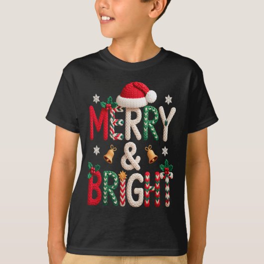 Merry &amp; Bright Christmas Santa Hat Crochet Kni Tシャツ (正面)