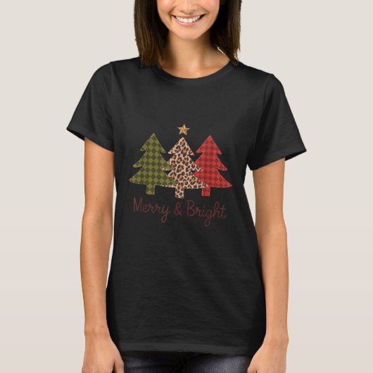 Merry &amp; Bright Plaid Leopard Christmas Tree Xm Tシャツ (正面)