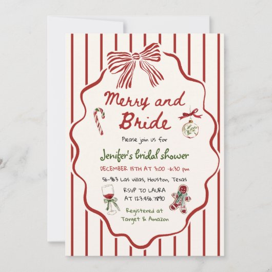 Merry and Bride Hand Drawn Christmas Bridal Shower 招待状 (正面)