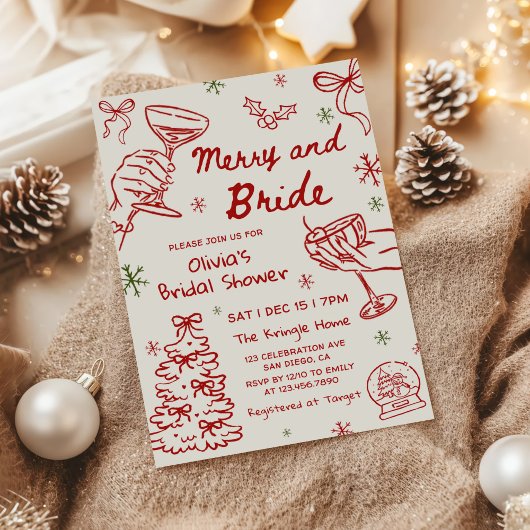 Merry and Bride Hand Drawn Christmas Bridal Shower 招待状