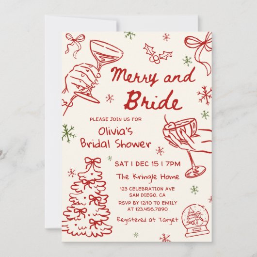 Merry and Bride Hand Drawn Christmas Bridal Shower 招待状 (正面)