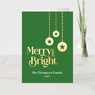 "Merry and Bright" エレガントなミッドグリーン折りたたみ 箔シーズンカード