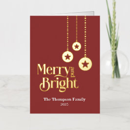 "Merry and Bright" エレガントなレッド折りたたみカード 箔シーズンカード