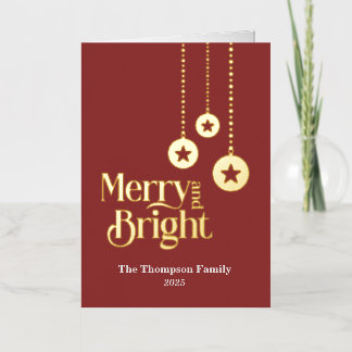 "Merry and Bright" エレガントなレッド折りたたみカード 箔シーズンカード