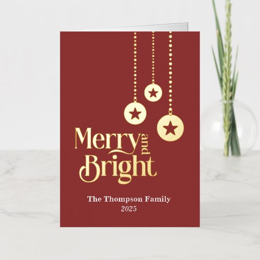 "Merry and Bright" エレガントなレッド折りたたみカード 箔シーズンカード (正面)