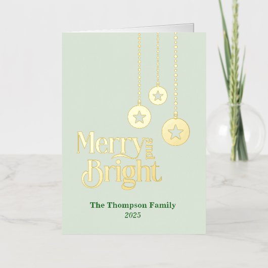 "Merry and Bright" エレガントな淡緑色の折りたたみカード 箔シーズンカード (正面)