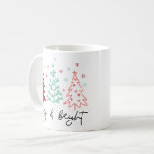 "Merry and Bright" ピンクとミントのクリスマスツリー コーヒーマグカップ (正面左)
