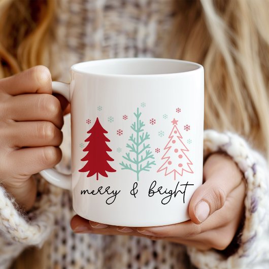 "Merry and Bright" ピンクとミントのクリスマスツリー コーヒーマグカップ