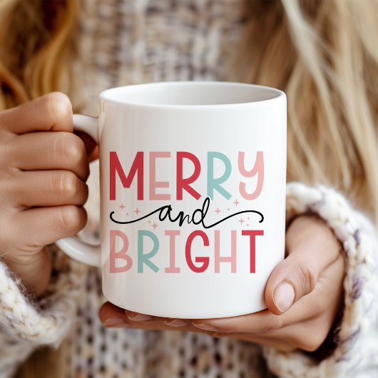 "Merry and Bright" ピンクとミントのモダンなクリスマス コーヒーマグカップ