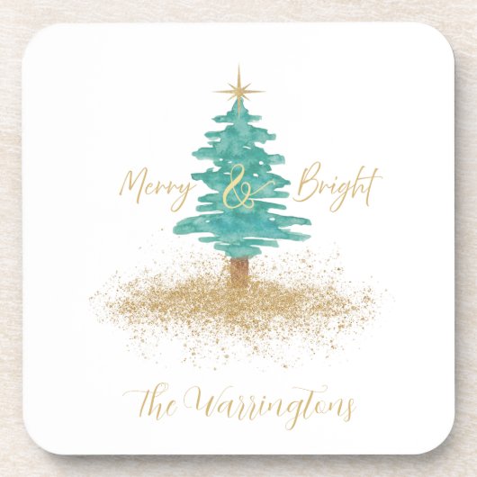 "Merry and Bright" 水彩ツリー コースター (正面)