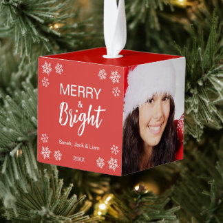 Merry and Bright 3 Photos Snowflakes Red Christmas キューブオーナメント