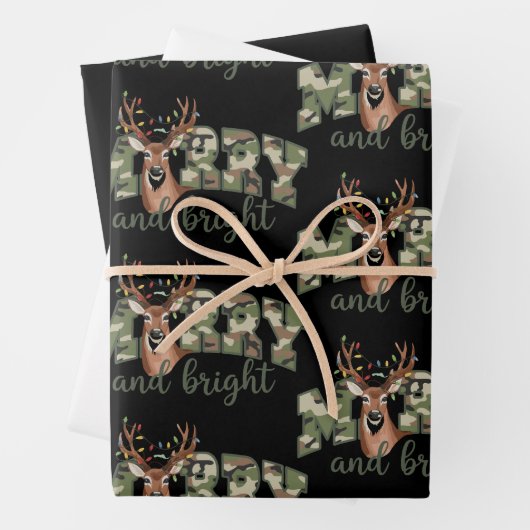 Merry And Bright Camo Deer Bow Outdoors Country ラッピングペーパーシート (インサイチュ)