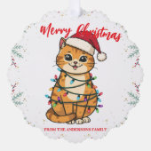 Merry and Bright cat Christmas kitten snow winter オーナメントカード (正面)