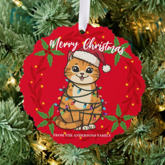 Merry and Bright cat Christmas kitten snow winter オーナメントカード (インサイチュ (木))