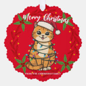 Merry and Bright cat Christmas kitten snow winter オーナメントカード (正面)