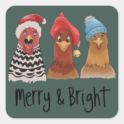 Merry And Bright Chickens Christmas Farm Animal  スクエアシール (正面)