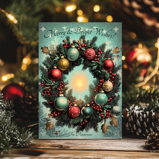 Merry and Bright Christmas Wreath Holiday Card 招待状