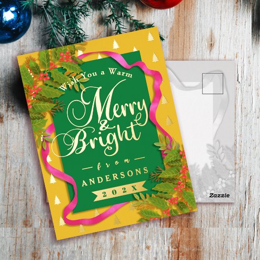 Merry and Bright Christmas Yellow Green 箔シーズンポストカード