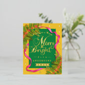 Merry and Bright Christmas Yellow Green 箔シーズンポストカード (立ち正面)