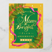 Merry and Bright Christmas Yellow Green 箔シーズンポストカード (正面)