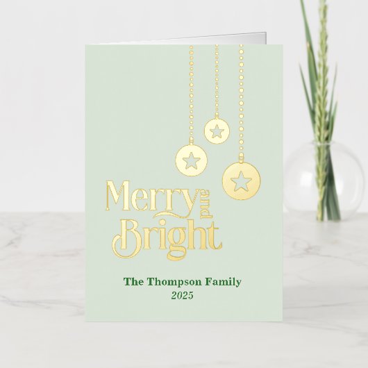 "Merry and Bright" Elegant Pale Green Folded 箔シーズンカード (正面)