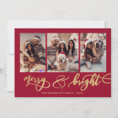 Merry and Bright Gold Script 3 Photo Red Christmas シーズンカード (正面)
