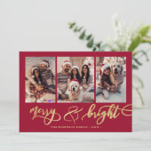 Merry and Bright Gold Script 3 Photo Red Christmas シーズンカード (スタンド正面)