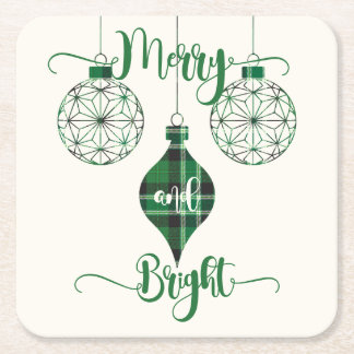 Merry and Bright Green Plaid Ornament スクエアペーパーコースター