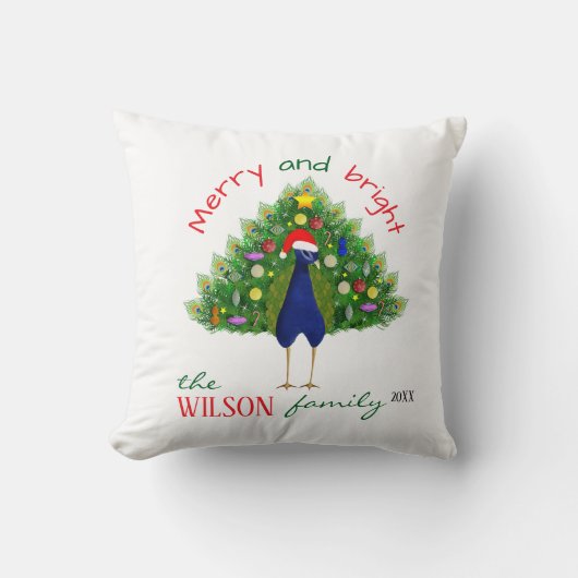 Merry and Bright Holiday Christmas Tree Peacock クッション (正面)