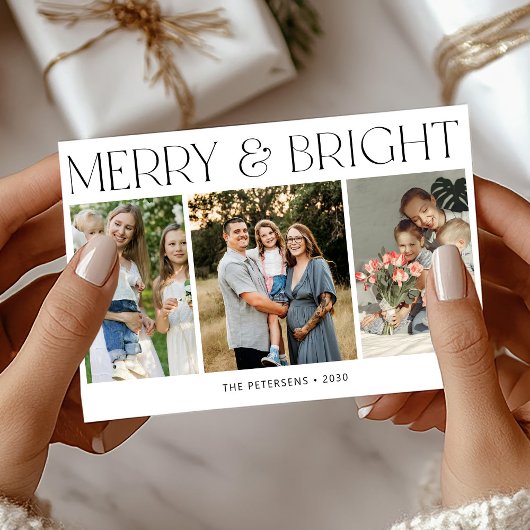 Merry and Bright modern 3 photos Christmas シーズンカード