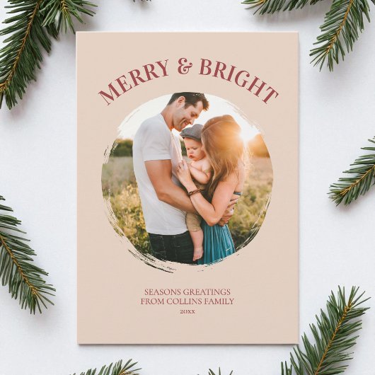 Merry and Bright Modern Red Typography Cute Photo シーズンカード