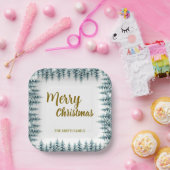 Merry and Bright pine tree forest Christmas ペーパープレート (パーティー)