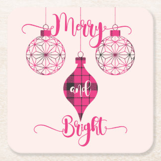 Merry and Bright Pink Plaid Ornament スクエアペーパーコースター