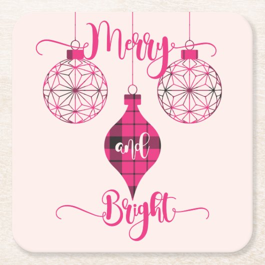 Merry and Bright Pink Plaid Ornament スクエアペーパーコースター (正面)